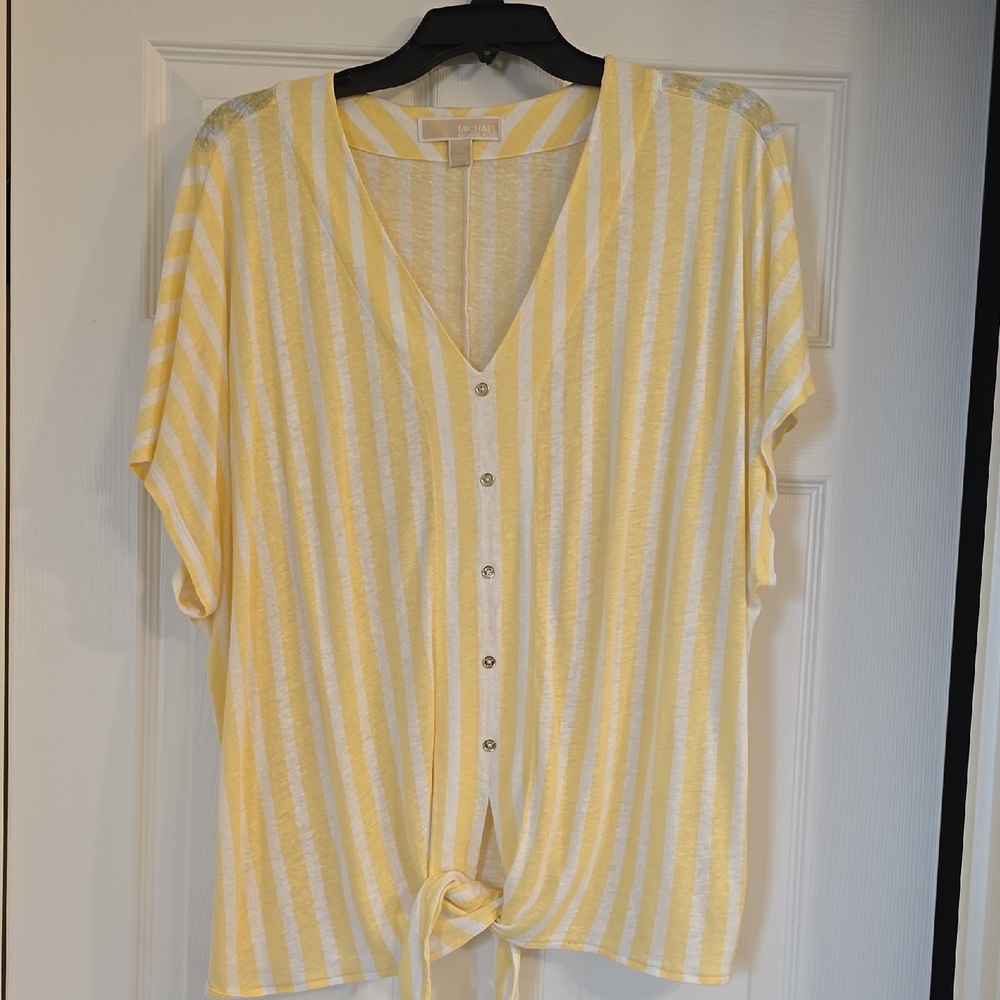 Michael Kors Yellow and White Striped Button Down Shirt with Tie Front